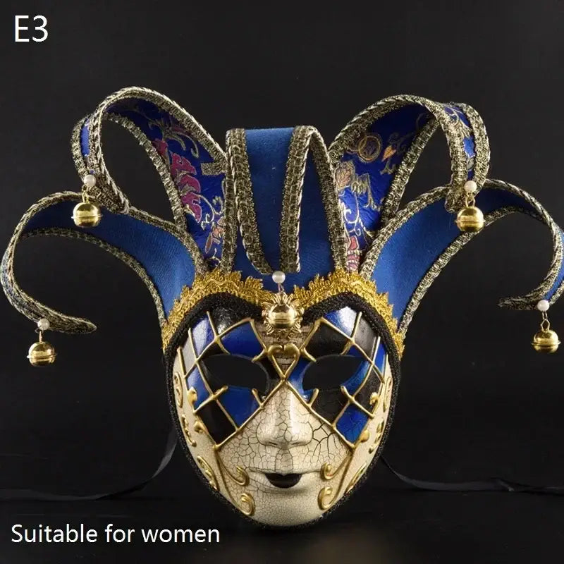 Masque carnaval venise halloween jester bleu et or avec motifs complexes, embellissements métalliques et grelots