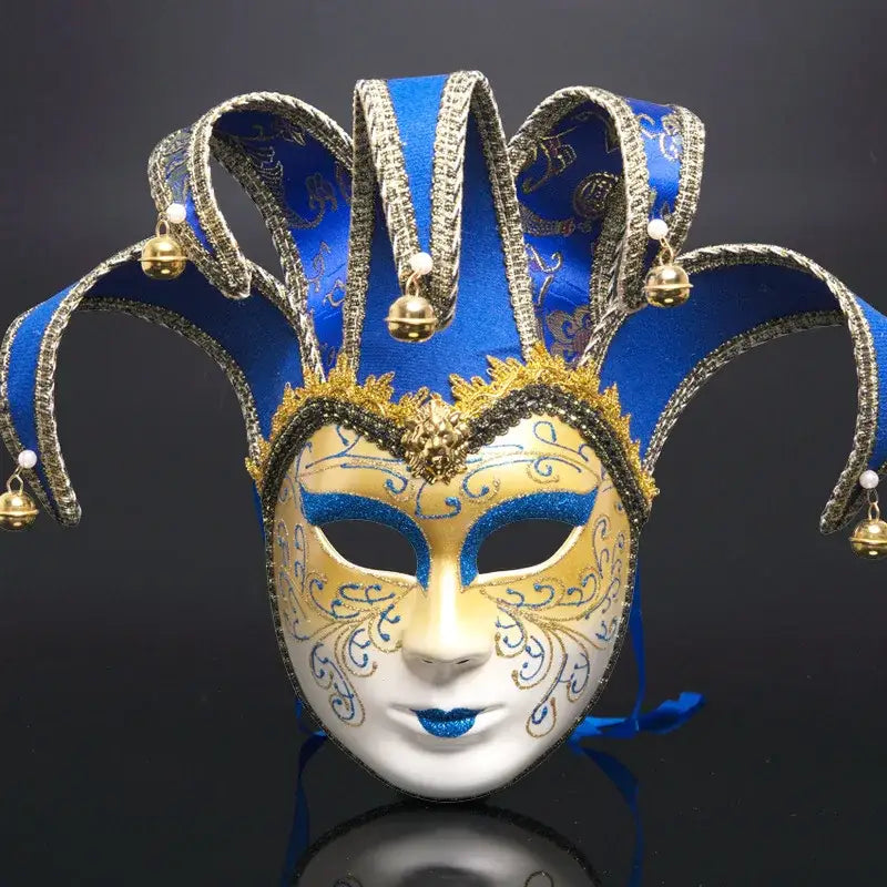 Masque carnaval de venise halloween avec masque venetien décoré blanc, lèvres bleues pailletées et rubans bleus pour soirées costumées