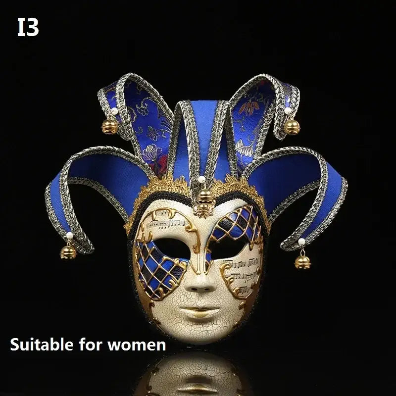 Masque carnaval venise halloween élégant bleu et or avec dentelle ornée, perles et clochettes pour soirées costumées
