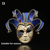 Masque carnaval venise halloween élégant bleu et or avec dentelle ornée, perles et clochettes pour soirées costumées