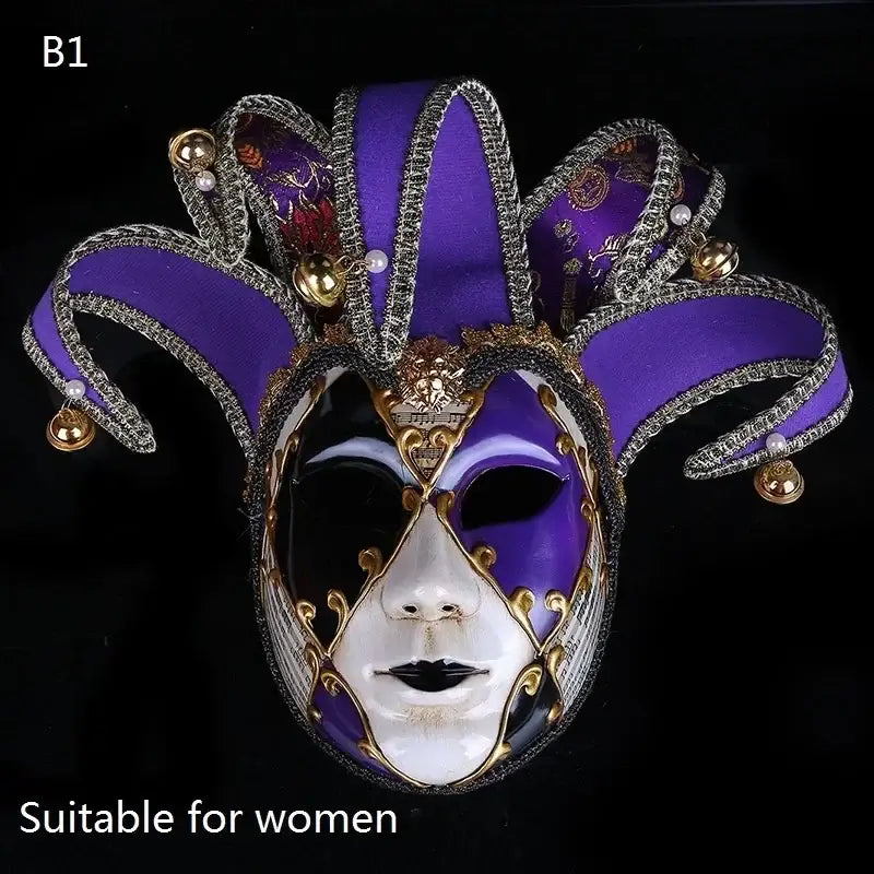 Masque carnaval venise halloween élégant violet et blanc avec dorures et cornes de lutin ornées de perles et clochettes pour soirées costumées