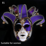 Masque carnaval venise halloween élégant violet et blanc avec dorures et cornes de lutin ornées de perles et clochettes pour soirées costumées