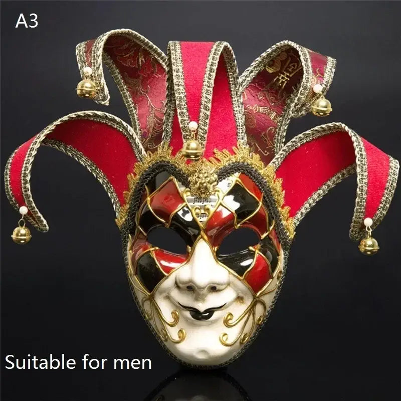 Masque carnaval de venise halloween élégant masque de jester rouge et or avec détails en velours et clochettes pour soirées costumées