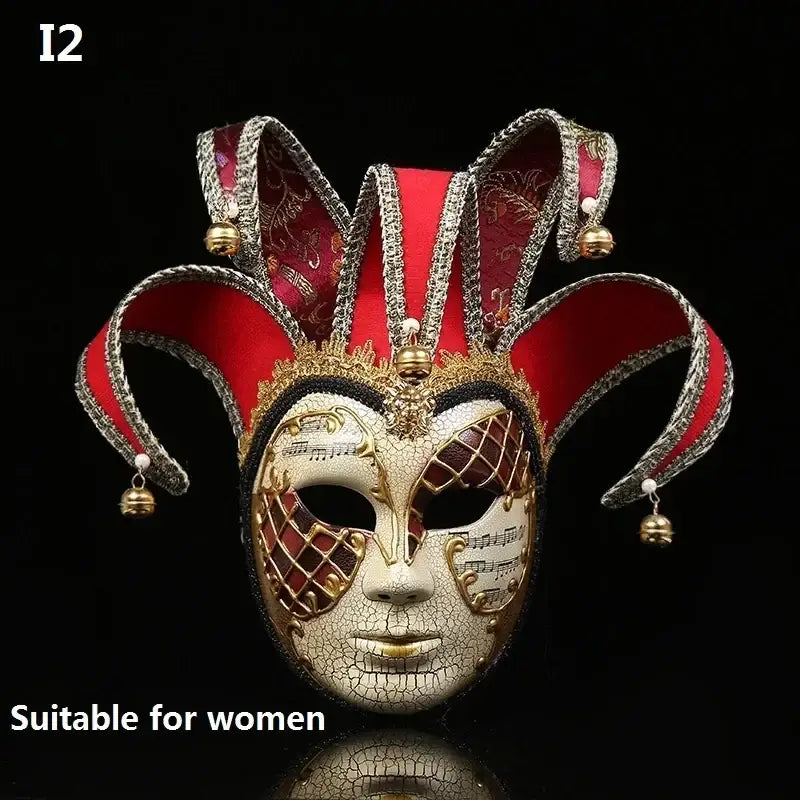 Masque carnaval de venise halloween élégant masque de jester rouge et or avec notes musicales et grelots pour soirées costumées