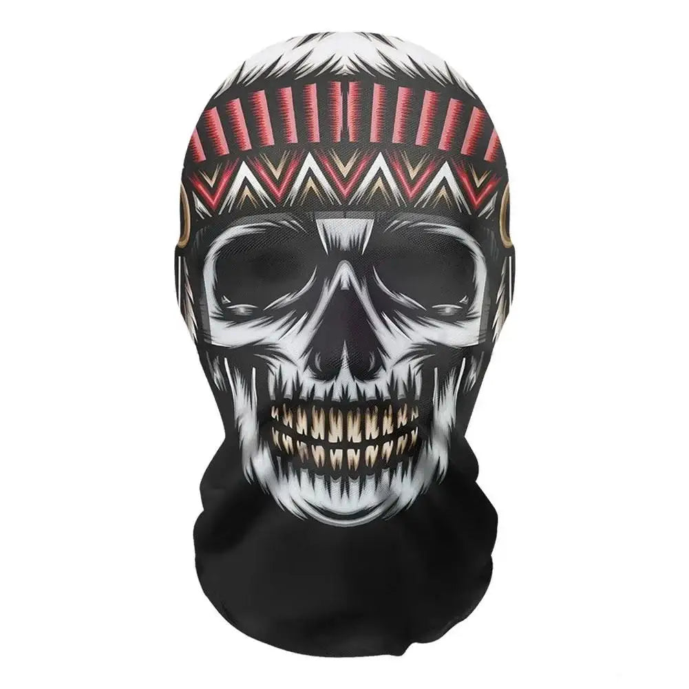 Masque collant noir à motif crâne avec motif géométrique rouge et blanc sur le front pour collant horreur halloween