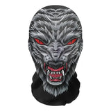 Masque collant noir à motif de loup avec fourrure grise détaillée, yeux rouges lumineux et dents blanches tranchantes pour horreur halloween