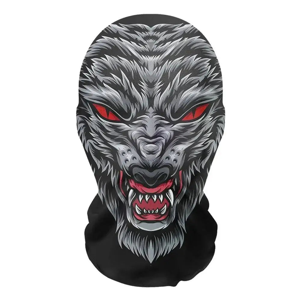 Masque collant noir à motif de loup avec fourrure grise détaillée, yeux rouges lumineux et dents blanches tranchantes pour horreur halloween