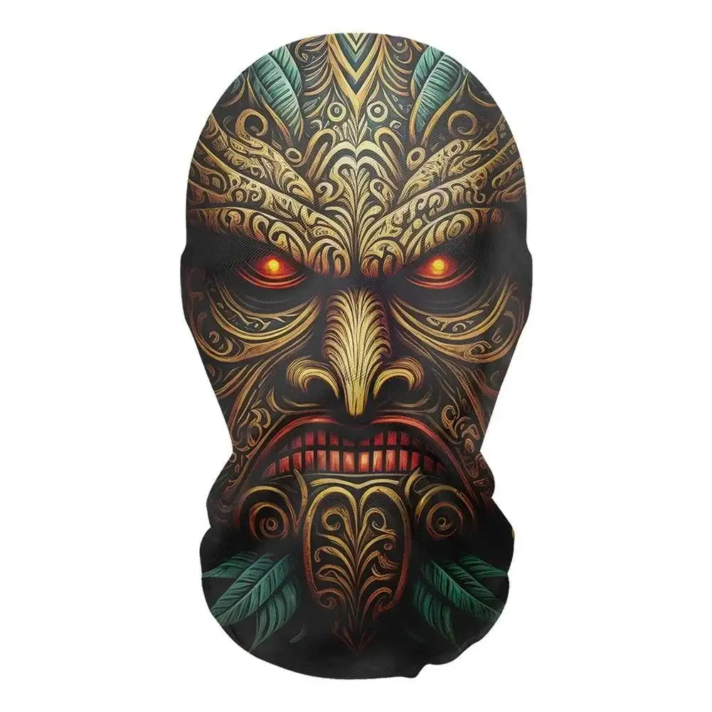 Masque collant noir avec motif crâne tribal or et bleu et yeux orange lumineux pour collant horreur halloween