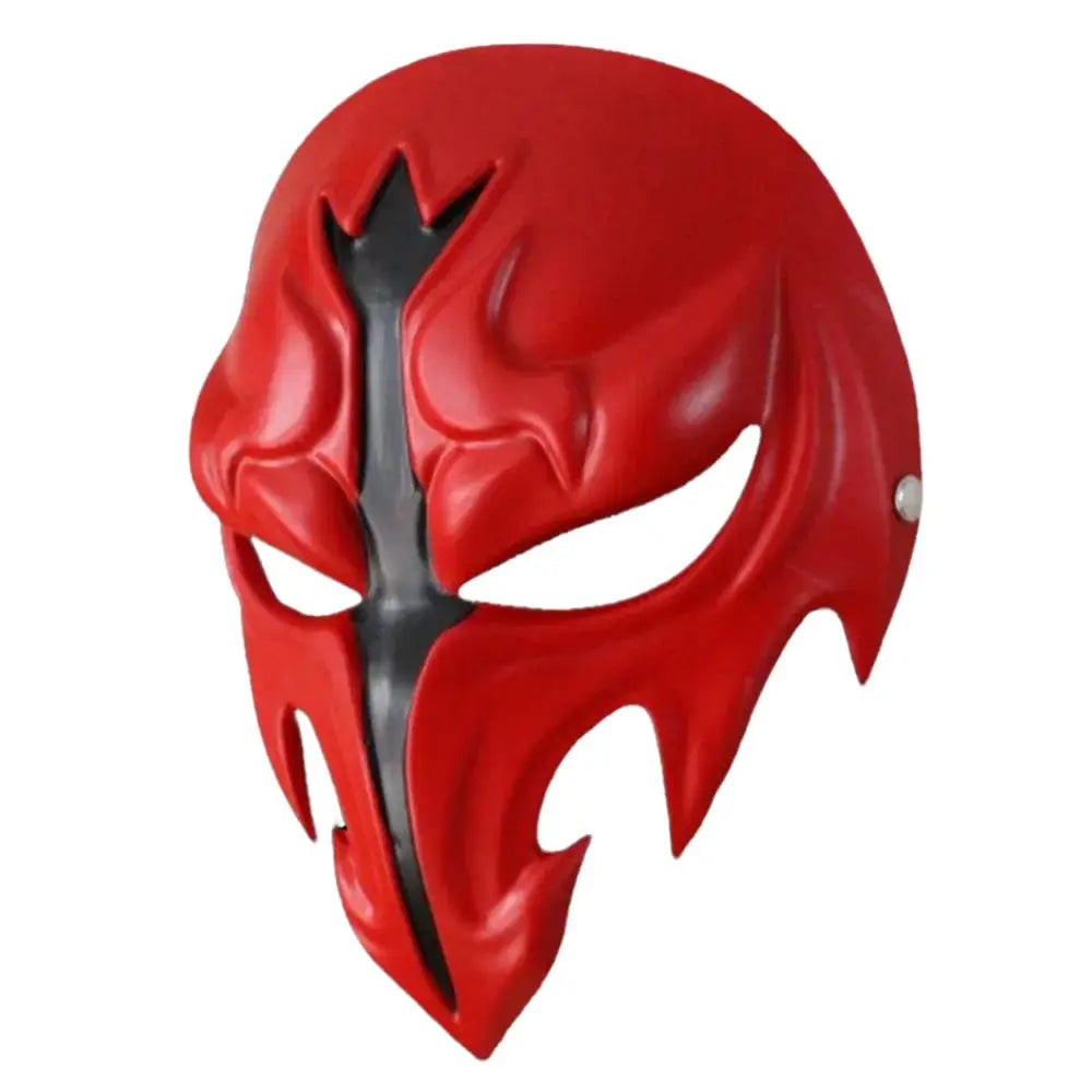 Masque final fantasy en rouge et noir brillant avec découpes anguleuses pour yeux et bouche final fantasy xiv l’univers d’Éorzéa