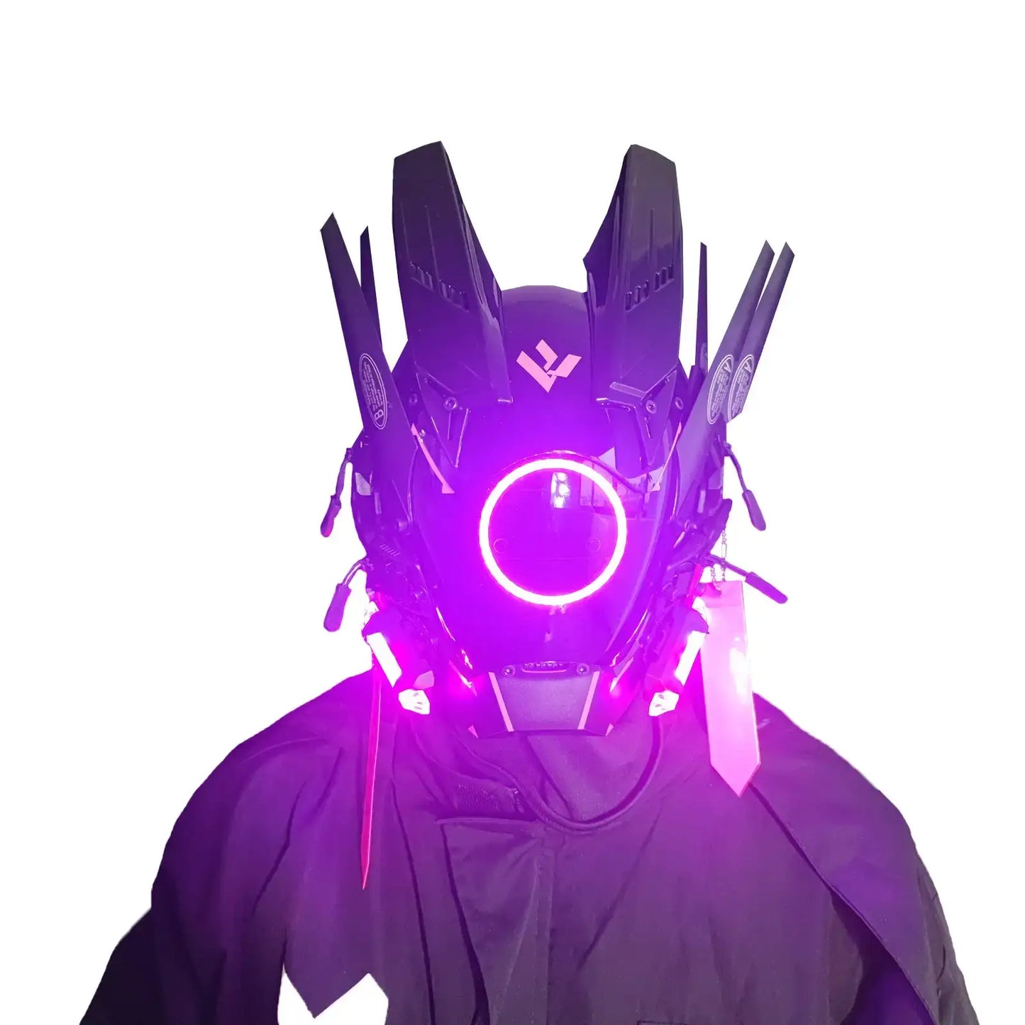 Masque cyberpunk techwear futuriste noir avec éclairage led violet et visière transparente pour conventions cosplay confort optimal