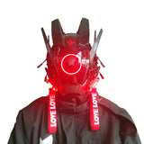 Masque cyberpunk techwear futuriste noir avec éclairage led rouge et sangles love love pour conventions cosplay confort optimal