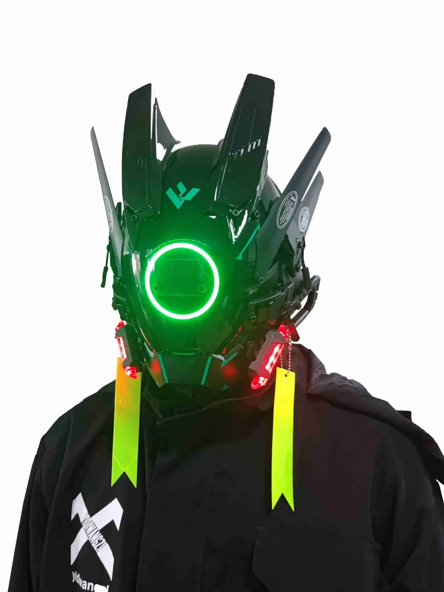 Masque cyberpunk techwear noir avec visière transparente éclairage led verte et rubans néon pour conventions cosplay confort optimal