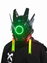 Masque cyberpunk techwear noir avec visière transparente éclairage led verte et rubans néon pour conventions cosplay confort optimal