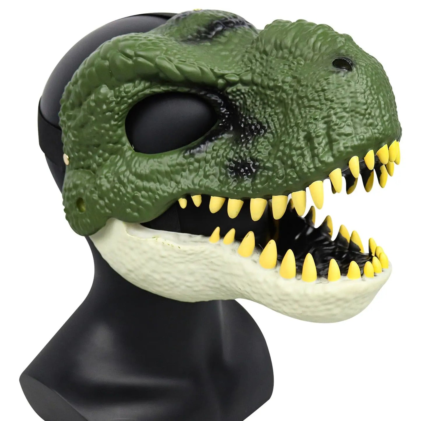 Masque de dinosaure à mâchoire mobile en plastique vert avec dents jaunes et trous noirs pour yeux dinosaure à mâchoire libre cours