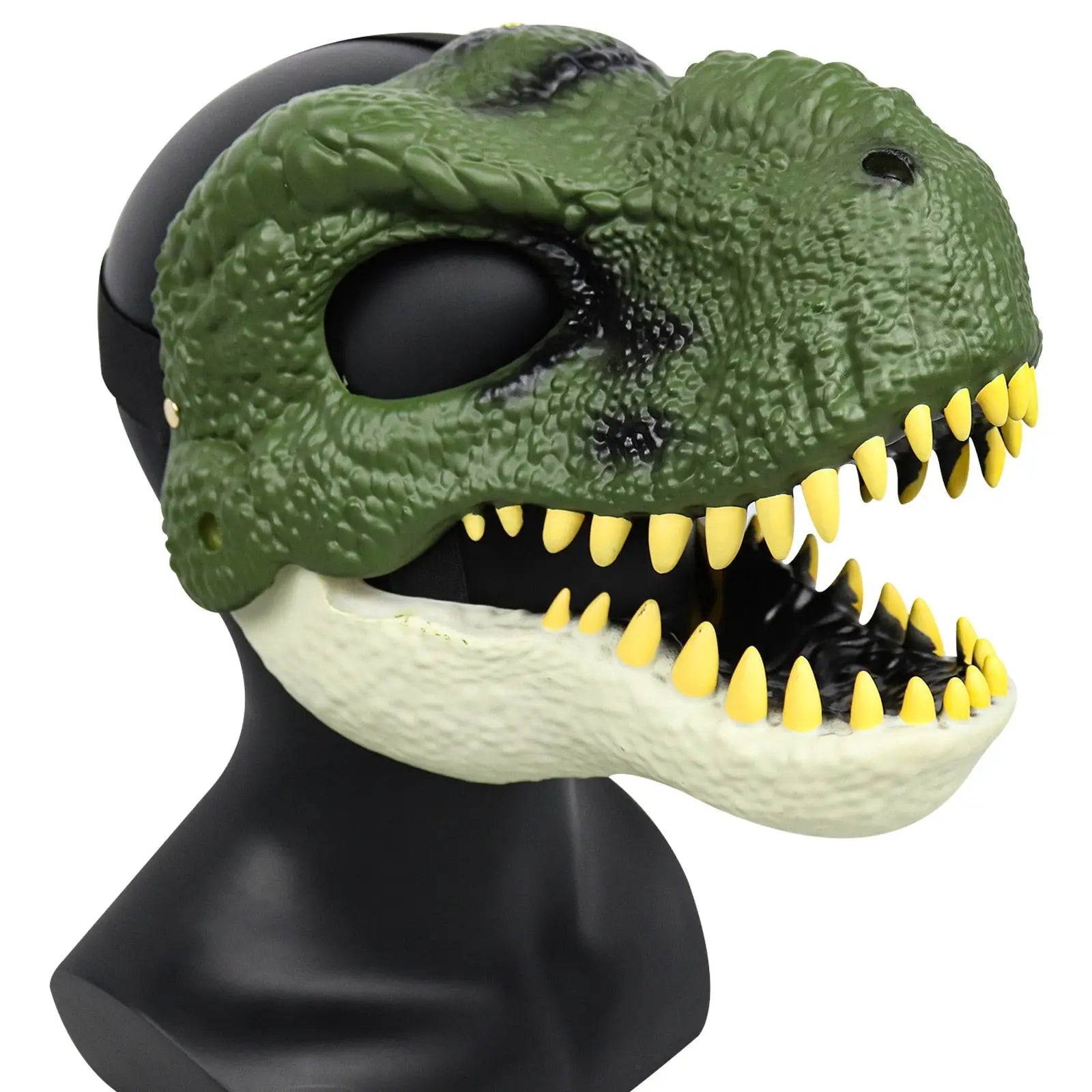Masque de dinosaure à mâchoire mobile en plastique vert avec dents jaunes et trous noirs pour yeux dinosaure à mâchoire libre cours