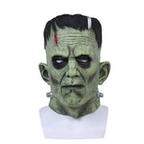 Masque déguisement latex frankenstein vert avec cheveux noirs, boulons argentés au cou et cicatrice frontale