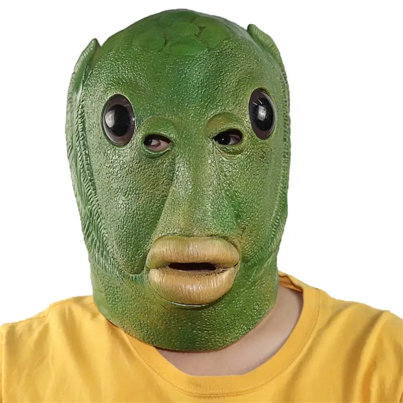 Masque drôle poisson vert en caoutchouc avec grands yeux noirs et lèvres jaunes pour déguisement amusant