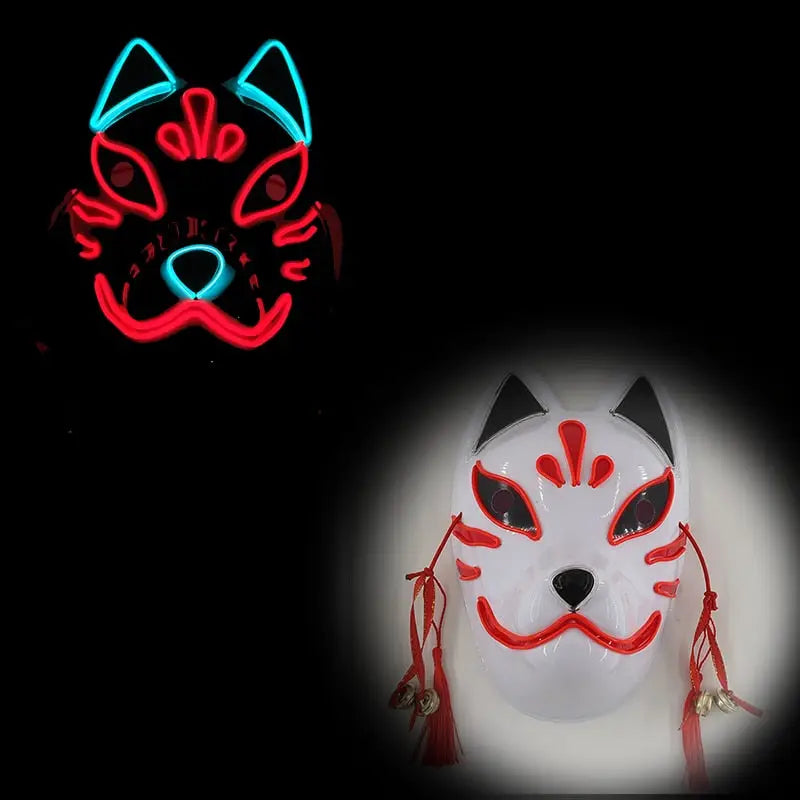 Masque halloween led avec un masque renard néon rouge et bleu à led à côté d’un masque en céramique blanc décoré rouge avec pampilles