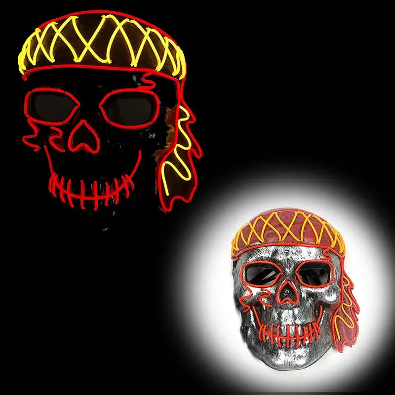 Masque halloween led en métal argenté avec contours néon rouges et jaunes pour masques effrayants alliant l’obscurité