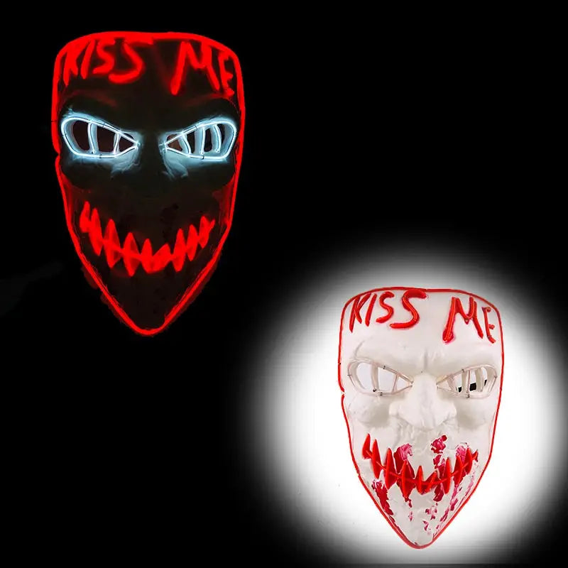 Masque halloween led néon rouge et bleu avec motif grin menaceux et éclairage led kiss me pour masques effrayants allient l’obscurité