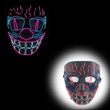 Masque halloween led néon avec fil led bleu et rose éclatant formant un visage clown souriant et lunettes