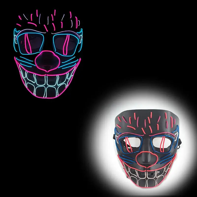Masque halloween led néon avec fil led bleu et rose éclatant formant un visage clown souriant et lunettes