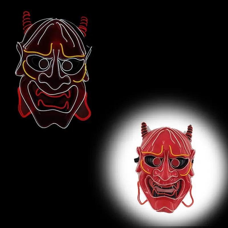 Masque halloween led japonais oni rouge en néon avec contours lumineux jaunes et blancs pour masques effrayants allient l’obscurité