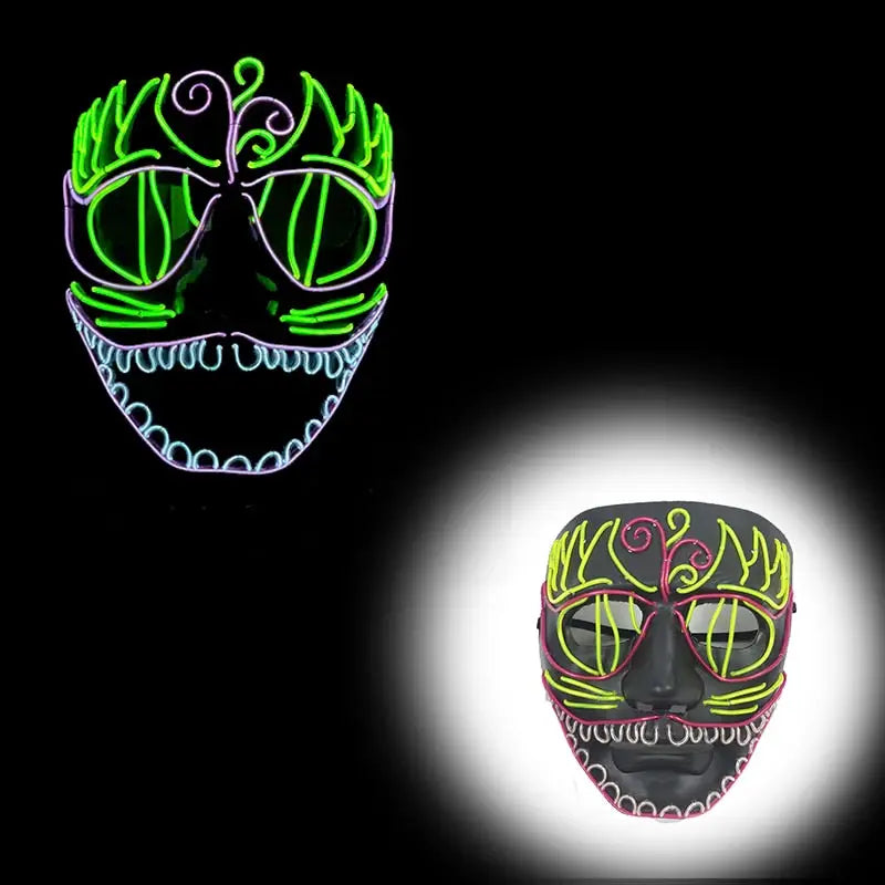 Masque halloween led néon avec visage stylisé en led vert et violet ornant lunettes et motifs décoratifs swirl