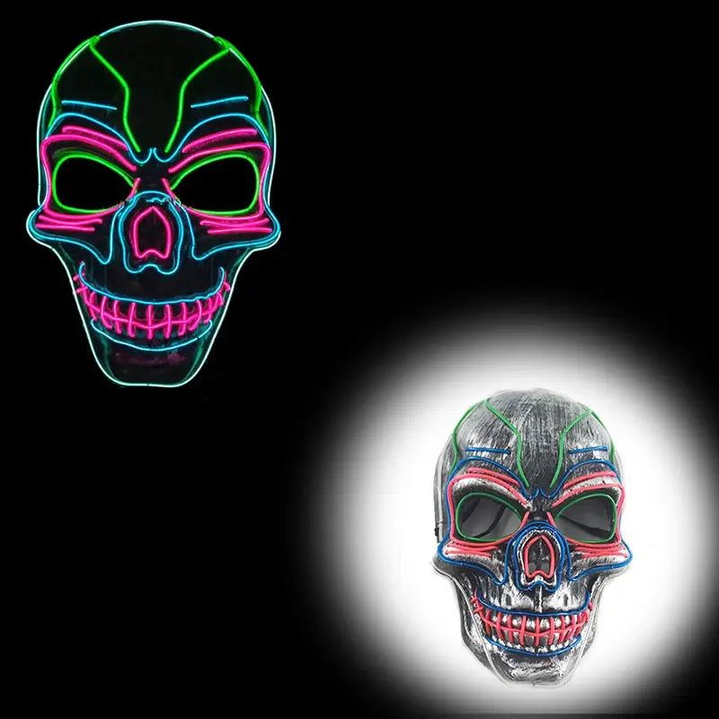 Masque halloween led néon en forme de crâne avec lumières led vertes, roses et bleues pour un effet effrayant