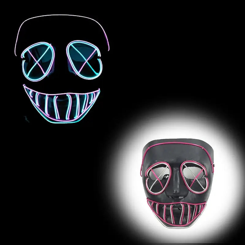 Masque halloween led noir avec leds néon bleu et rose formant un visage souriant lumineux pour halloween