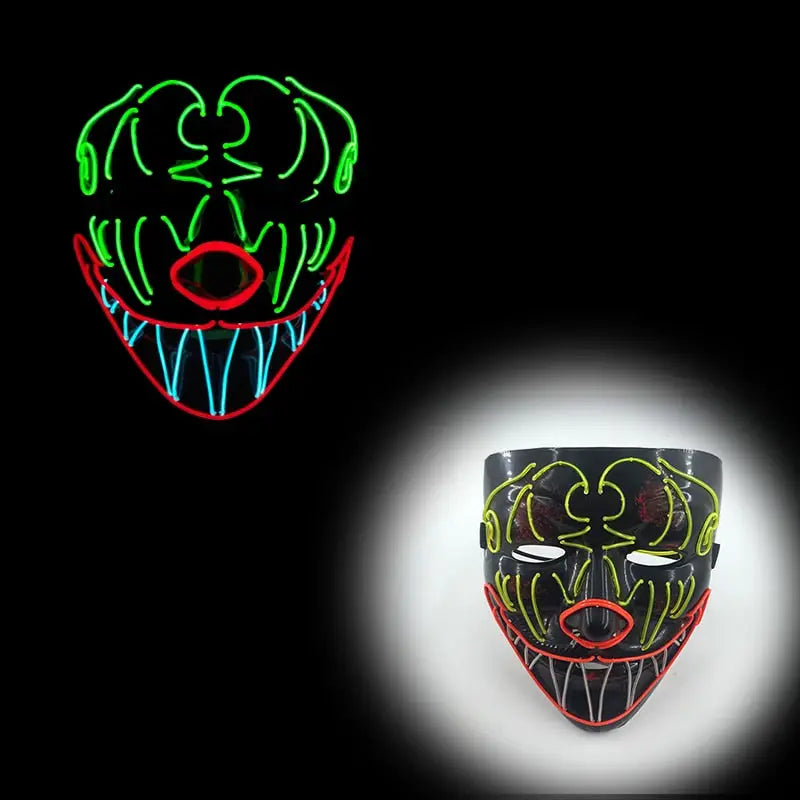 Masque halloween led avec masque néon lumineux clown aux leds vertes rouges et bleues soulignant un sourire menaçant