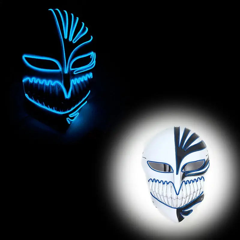 Masque halloween led présentant un masque led néon bleu et une réplique en plastique blanc dans le même design