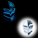 Masque halloween led présentant un masque led néon bleu et une réplique en plastique blanc dans le même design