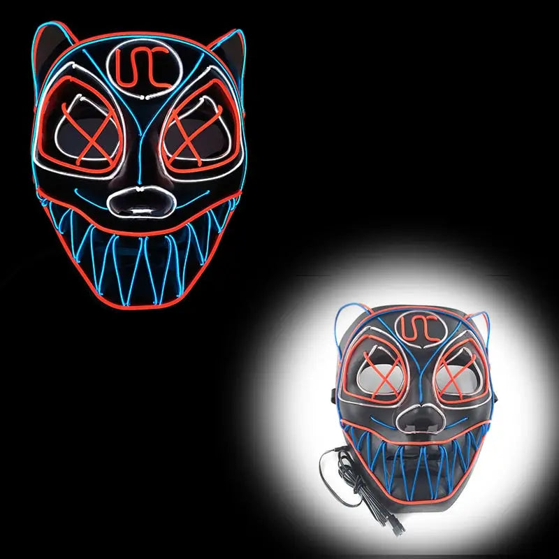 Masque halloween led en forme de chat noir avec câbles néon bleus et rouges lumineux pour masques effrayants allient l’obscurité