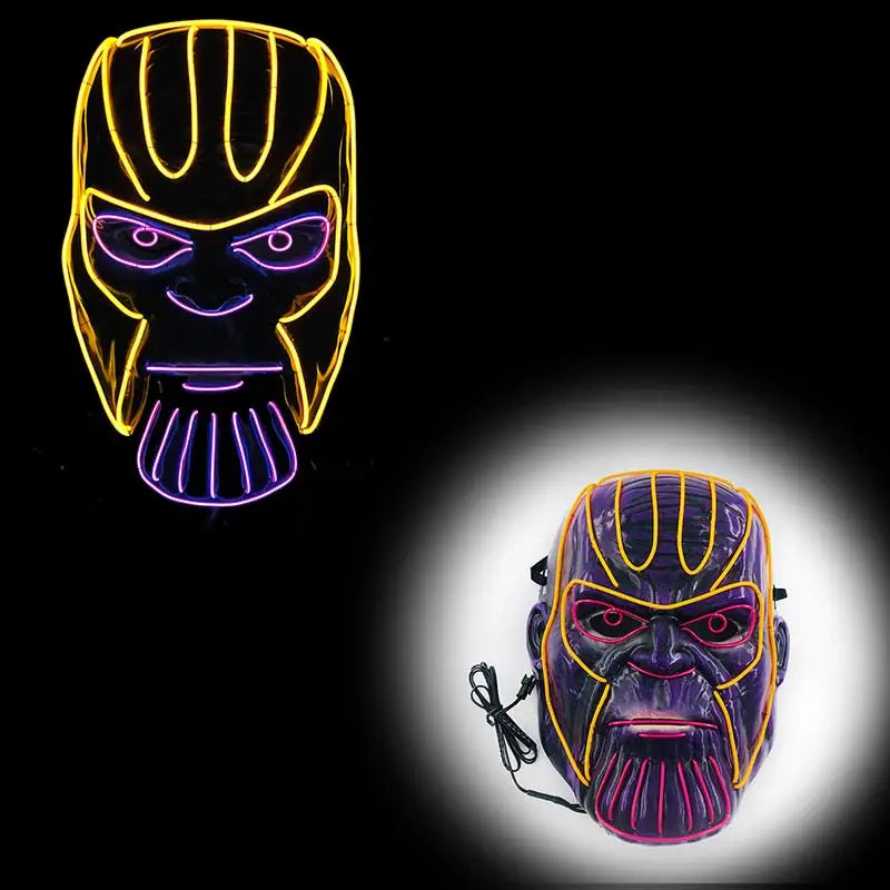 Masque halloween led Thanos violet et or avec contours néon lumineux pour des masques effrayants alliant l’obscurité