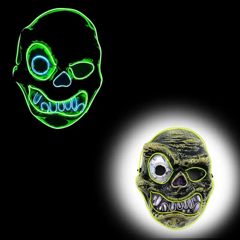 Masque halloween led avec masque effrayant alliant l’obscurité et lumières néon vertes et bleues sur un masque crâne