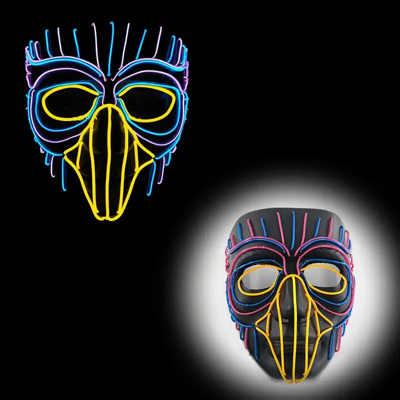 Masque halloween led en forme d oiseau avec fils led bleus, jaunes et violets lumineux pour un effet stylisé