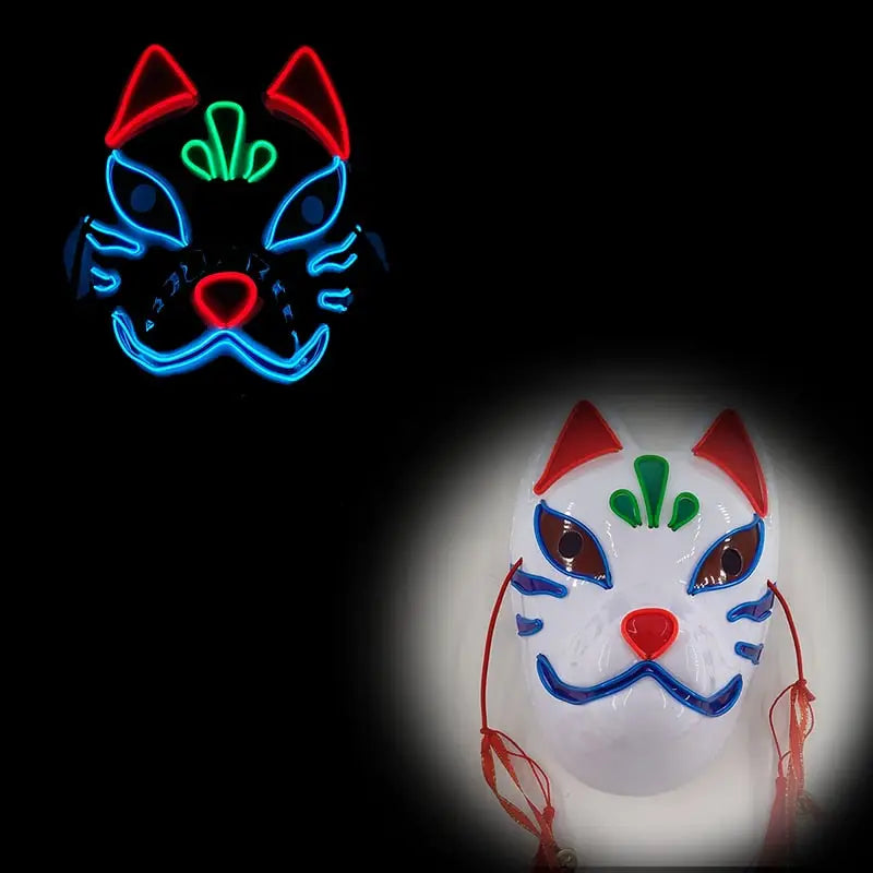 Masque halloween led blanc en céramique maneki-neko avec détails rouges et bleus, marqueur vert et cordon rouge