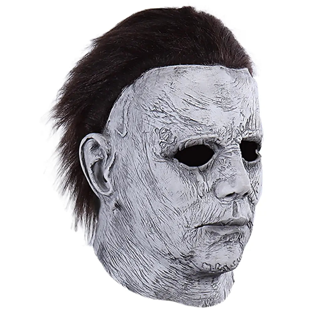 Masque halloween michael myers en latex gris texturé avec cheveux noirs et détails faciaux pour l’univers terrifiant de michael myers