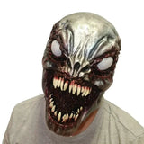 Masque horreur démon en latex argenté avec sourire terrifiant aux yeux blancs et traits exagérés