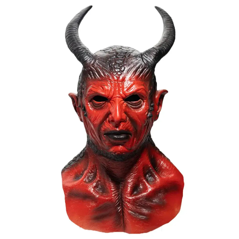 Masque horreur diable rouge halloween avec peau texturée, cornes incurvées et oreilles pointues pour soirées costumées