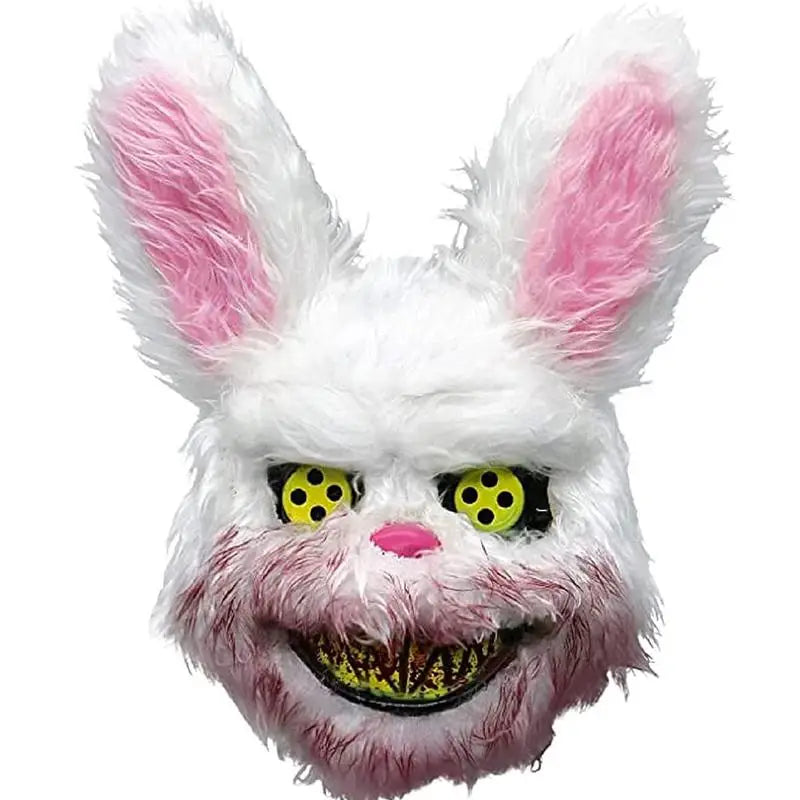 Masque lapin horreur en peluche blanche avec oreilles roses, yeux jaunes à pois, et sourire menaçant à dents tranchantes