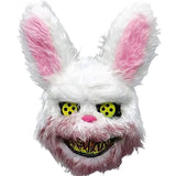 Masque lapin horreur en peluche blanche avec oreilles roses, yeux jaunes à pois, et sourire menaçant à dents tranchantes
