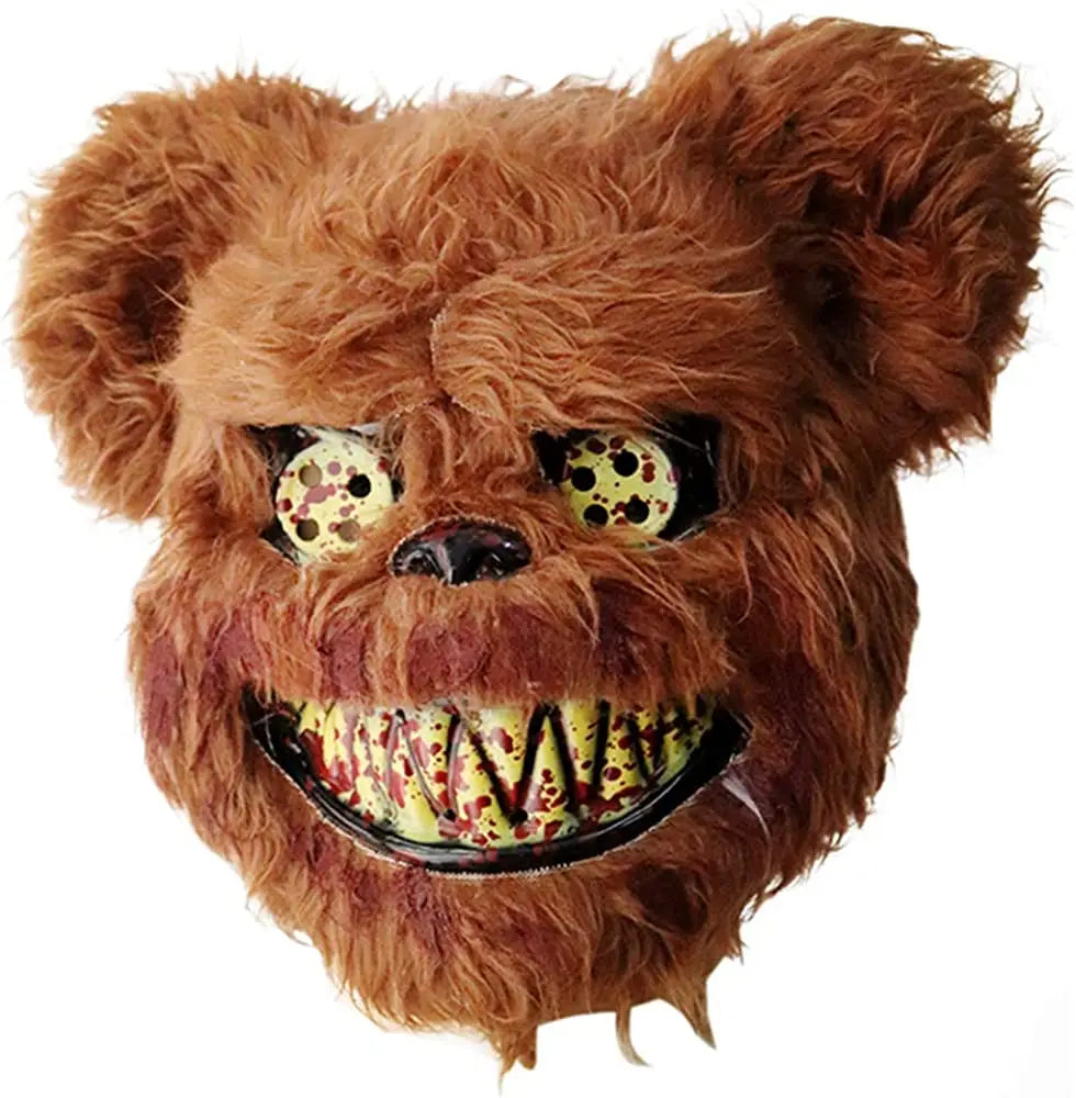 Masque lapin horreur sanglant en fourrure marron avec yeux jaunes et large sourire sanguinolent accessoire unique