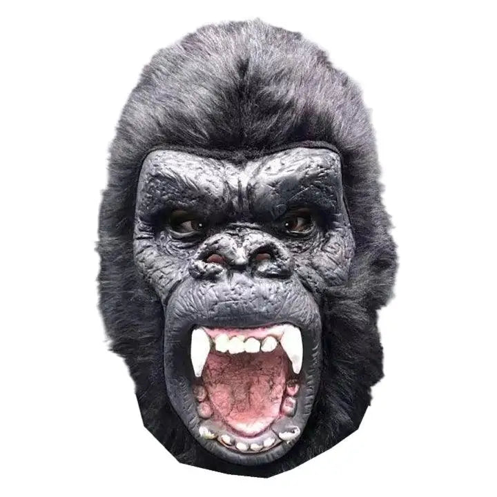 Masque latex gorille noir détaillé avec fourrure réaliste et dents blanches sharp pour singes masque couvrant couper vous-même