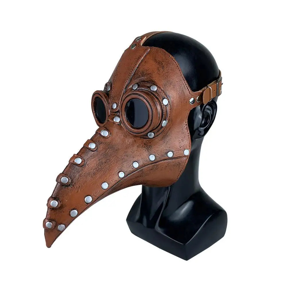Masque latex halloween docteur steampunk halloween en cuir marron avec clous argentés et lunettes style masque à bec steampunk