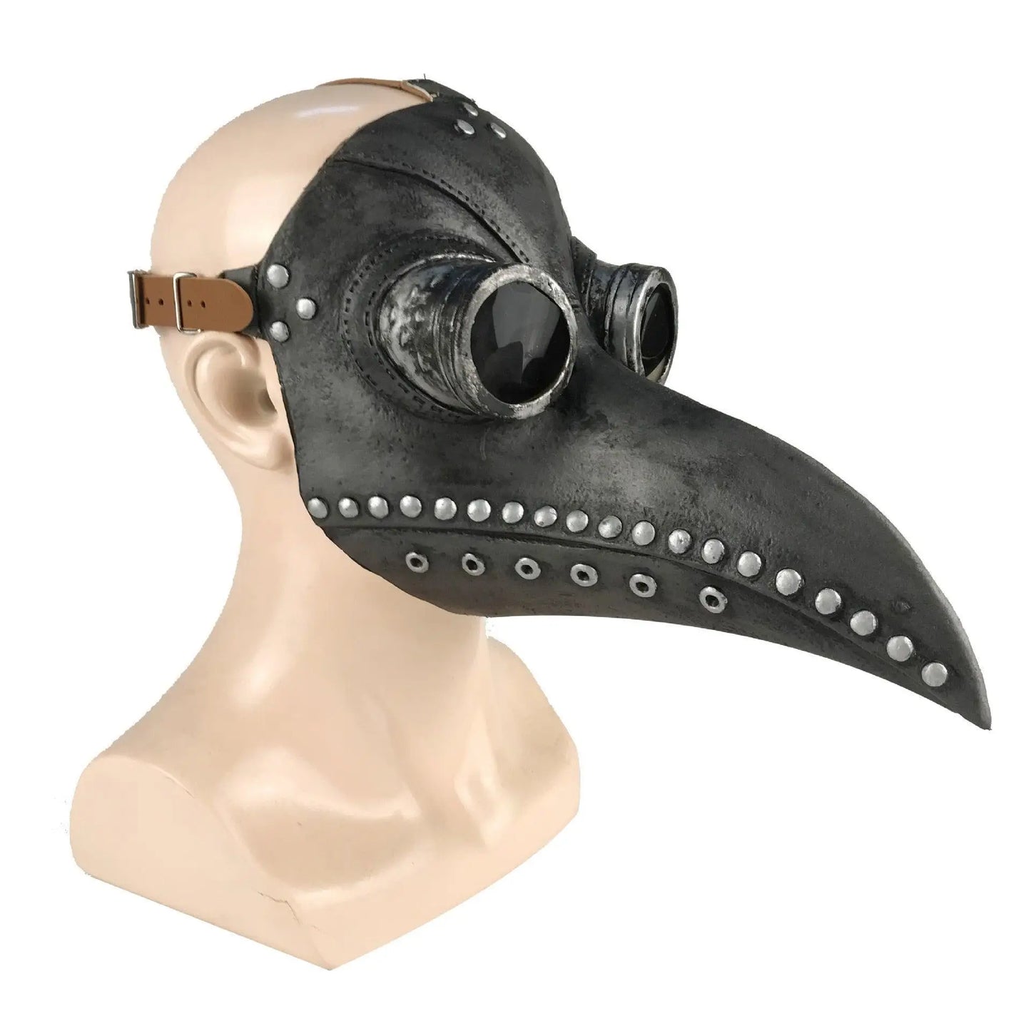 Masque latex halloween noir avec clous argentés et lunettes, docteur steampunk halloween style masque à bec steampunk