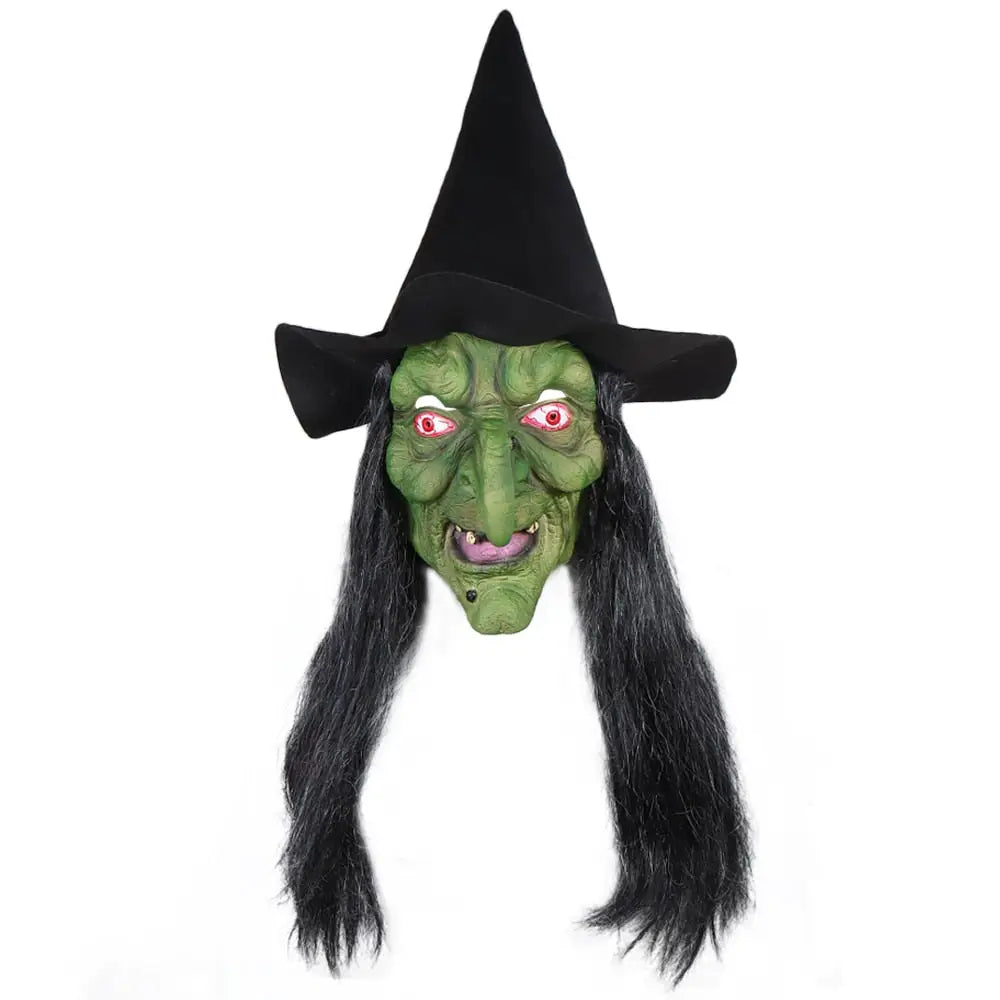 Masque sorcière horreur avec yeux rouges lumineux, chapeau noir pointu et cheveux noirs longs pour accessoire sinistre