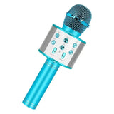 Microphone karaoké portable turquoise vibrant avec grille en maille et boutons argentés spécialement conçu pour enfants