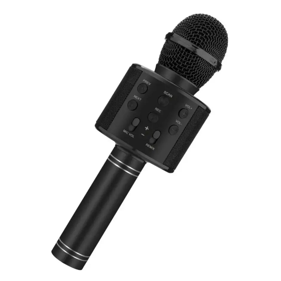 Microphone karaoké portable noir avec grille en maille et boutons de contrôle spécialement conçu pour enfants